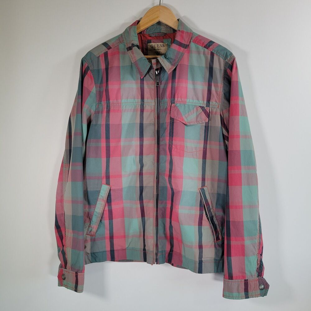GUESS Men's Red and Green Plaid Light Jacket Sz L Cotton Zip Up Harrington